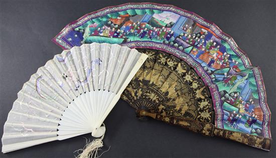 Two Chinese cased fans, 19th century, 20.5cm, both with gilt decorated black lacquer boxes